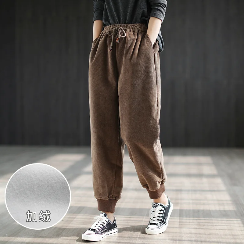 

2022 Autumn Winter New Simple Solid Harem Pants Literary Loose Retro Corduroy Plus Velvet Casual Women Trousers Free Shipping