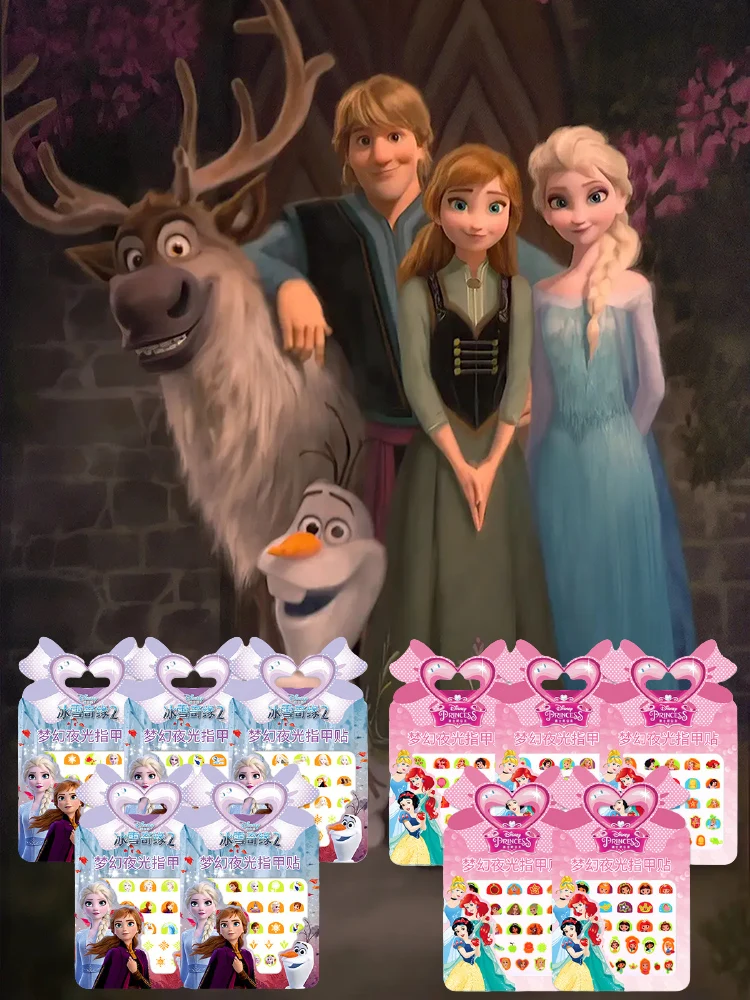 Pegatinas de uña luminosa de Frozen 2 para niñas, pegatinas de maquillaje de Princesa Sofía, Blancanieves, brillo en la oscuridad para uñas, 5 uds.