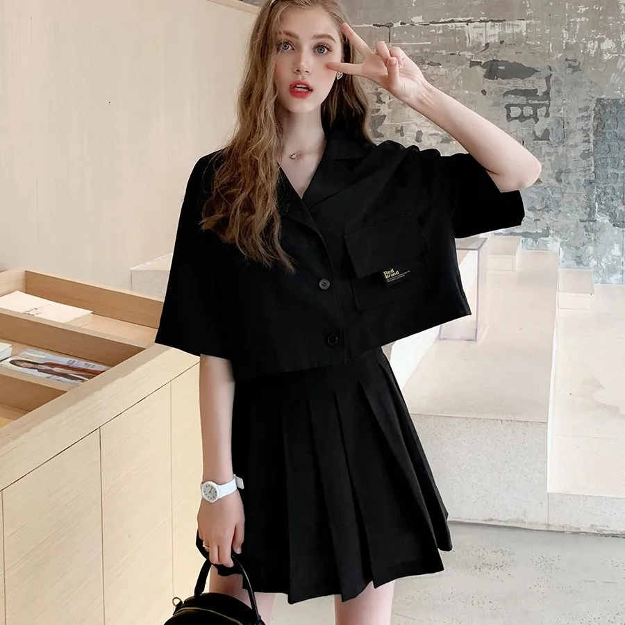 Summer-Women-Sets-Harajuku-Preppy-Style-Short-Sleeve-Plaid-Shirt-Pleat-Skirt-Cute-Skirt-Set-Kawaii