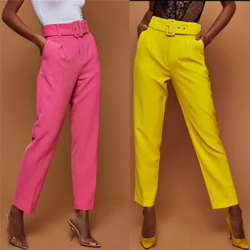 

Fashion Elegant Women High Waist OL Career Pants Ladies Long Loose Casual Trousers With Belt Elastic Drawstring Trousers Pink