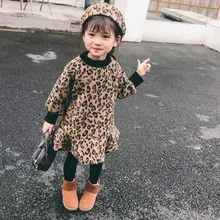 Новое поступление, осенне-зимнее модное леопардовое платье для девочек Детские платья с длинными рукавами, не с шапкой