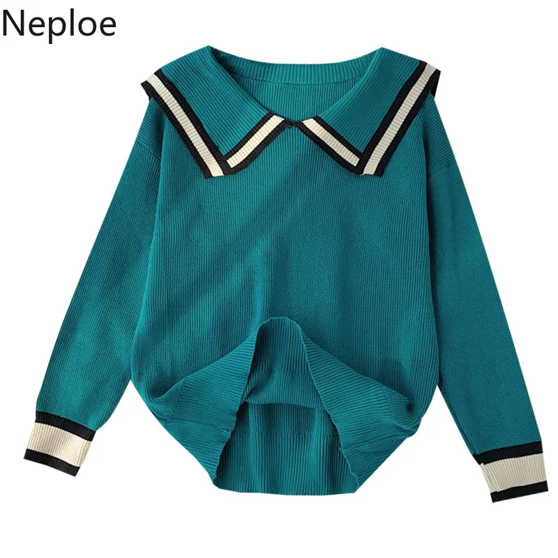 Neploe, осень, зима, новинка, пуловер, свитер для женщин, отложной воротник, длинный рукав, свободный, синий, Pull Femme, пэчворк, Seuter 47124