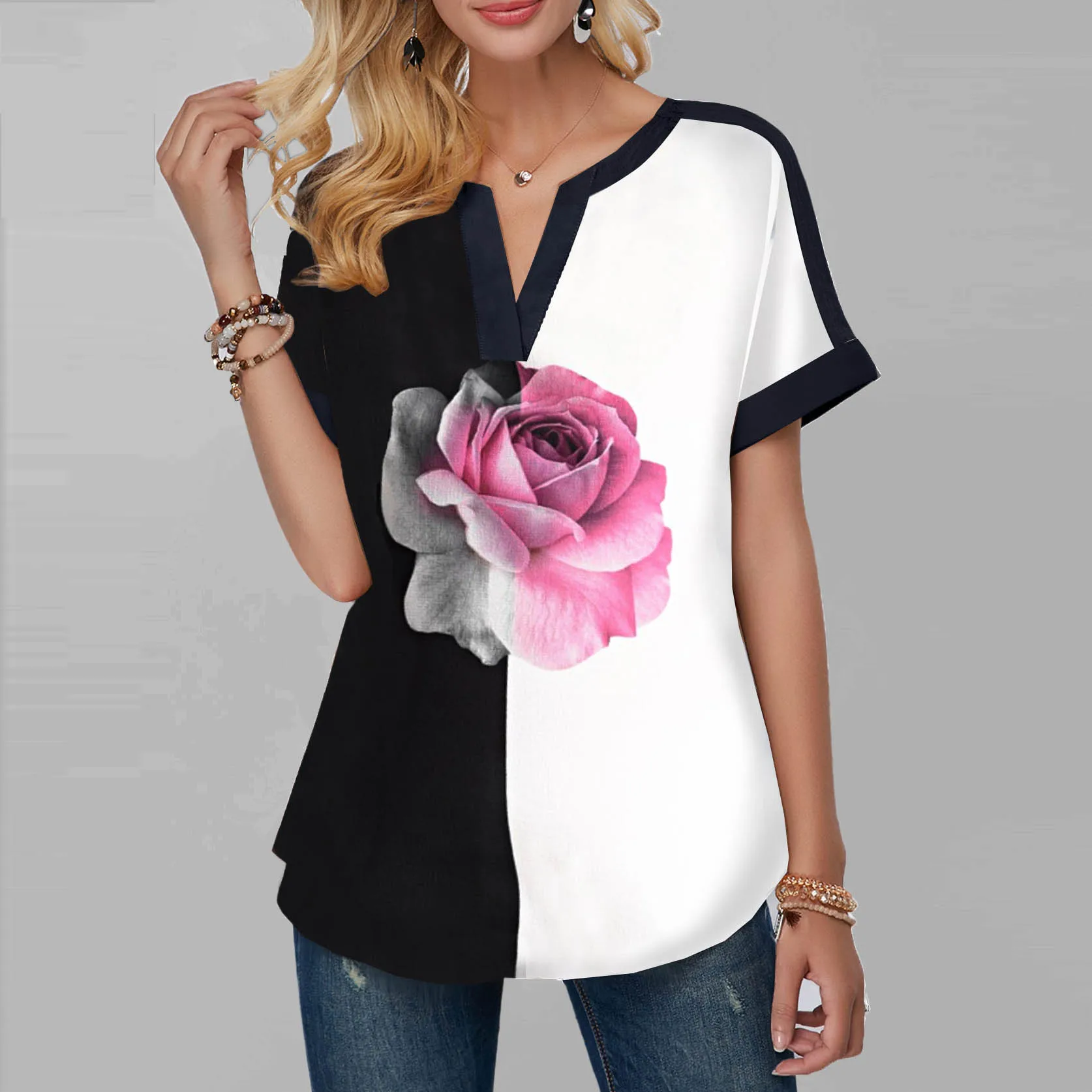New Summer Tshirt Sexy Flowers Print Short Sleeve Tops & Tees Fashion Casual T Shirt