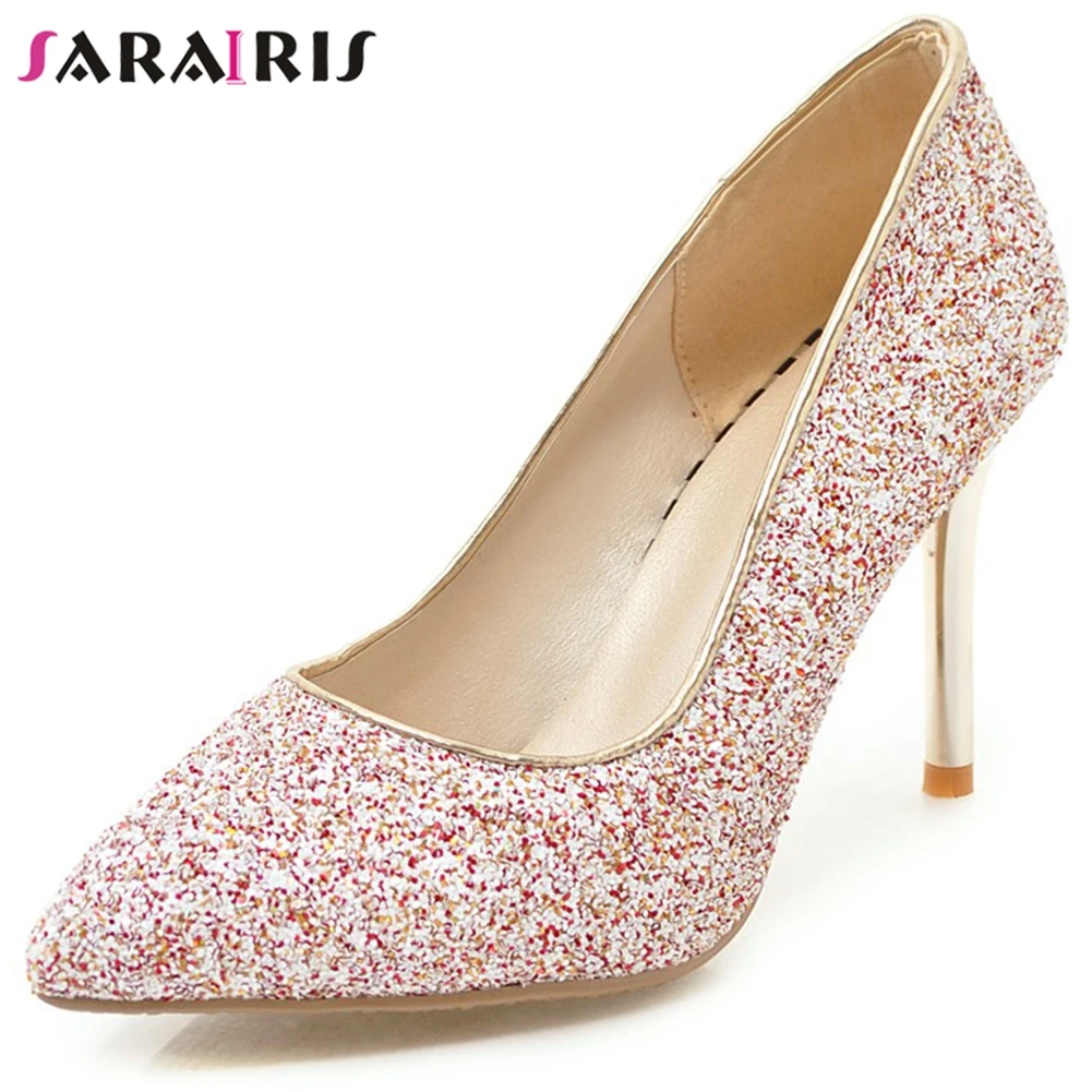

SARAIRIS Spring New Female Party Shining Glitters Evening Pumps High Thin Heels Bridal Pumps Women Sexy Pointed Toe Shoes Woman