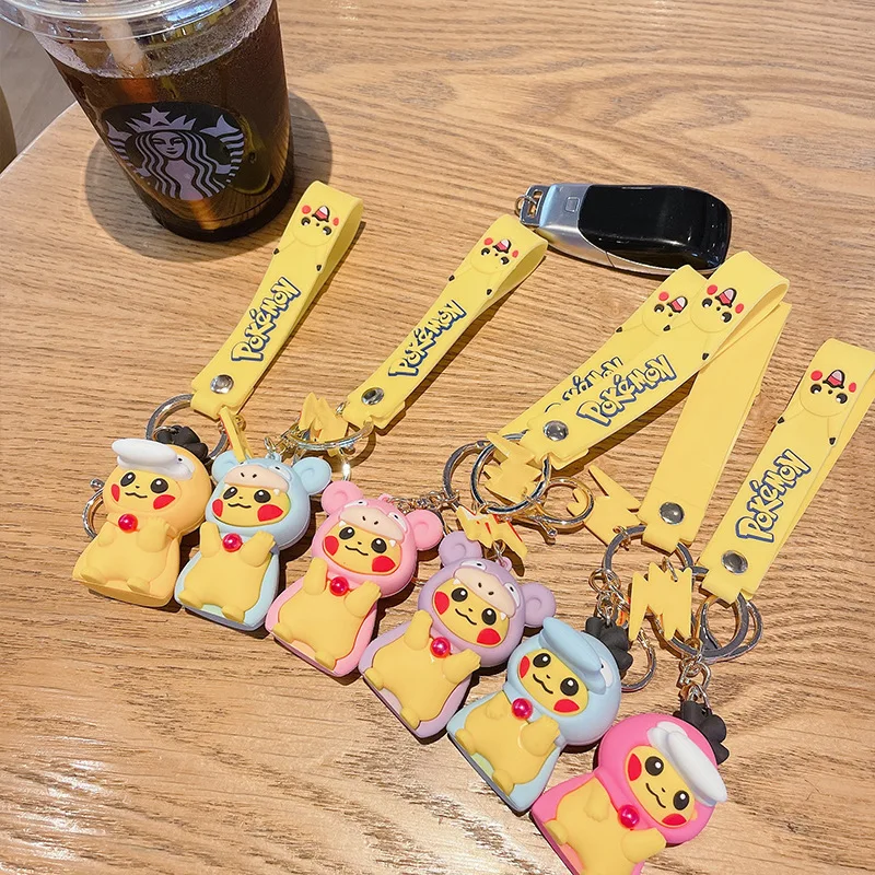 6 Styles Pokemon Keychains Pikachu Cosplay Psyduck Slowpoke Creative Anime Cartoon Key Chain Ornaments Dolls Toys Pendant Gifts