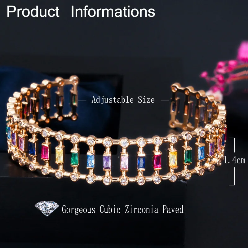 CWWZircons Chic Rainbow Cubic Zirconia Open Cuff 585 Gold Bracelet Bangle for Women Fashion Brand CZ Wedding Party Jewelry BG039