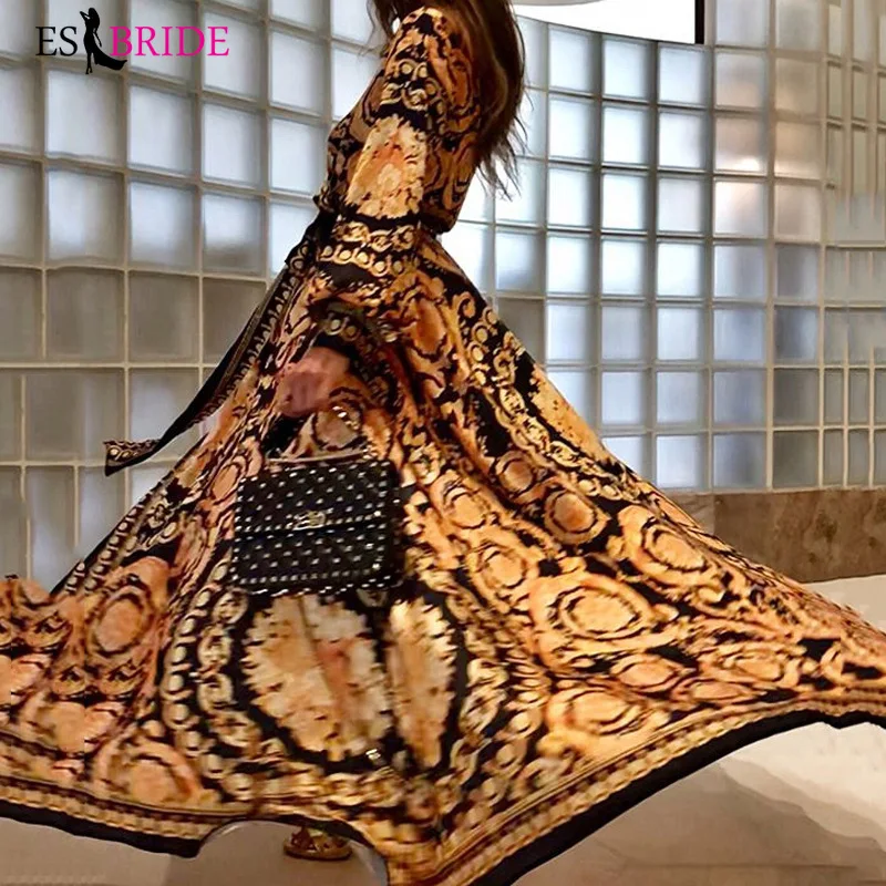 

Gold Luxury Long Evening Gowns 2019 New Arrival Elegant A-Line Casual Lace Dress Party Formal with Sleeve Robe De Soiree ES2660