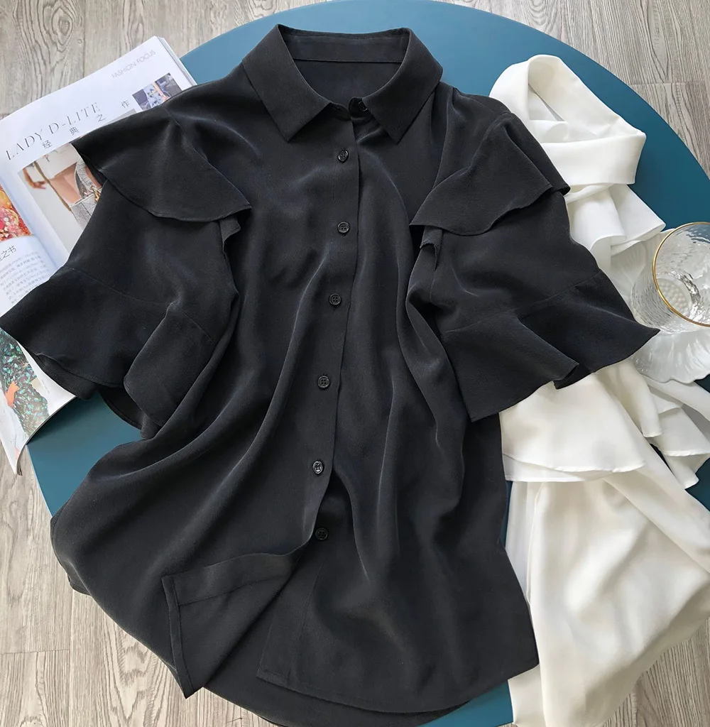 Elfbop Ladies 100% Silk Ruffled Short Sleeve Blouse Shirt Top - Women White/Black Top 5