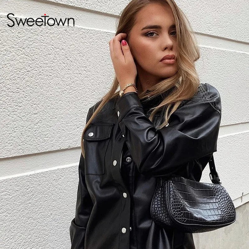 Sweetown, Черные Блузки из искусственной кожи, женская уличная одежда, на пуговицах, с отложным воротником, женские блузки, Manches Bouffantes