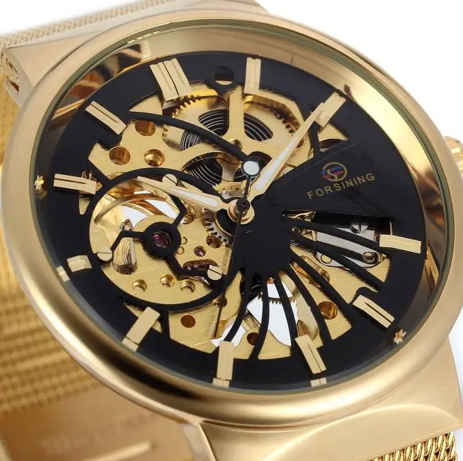gold black Reloj Hombre Forsining Лидирующий бренд роскошные серебряные часы для мужчин сетчатый ремешок 3D логотип дизайн Скелет циферблат ультра тонкие механические часы - Цвет: gold black