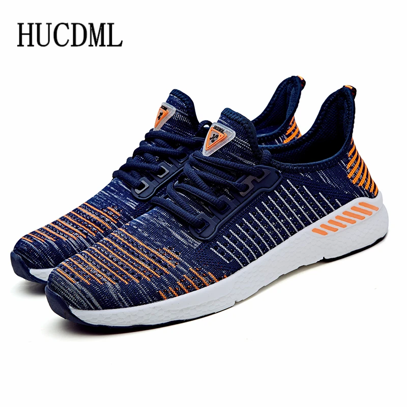 HUCDML/ г. Новая мужская обувь 9 цветов Flyknit мужская повседневная обувь легкая дышащая кроссовки пара прогулочных теннисов feminino Размер 36-48 - Цвет: Blue Orange