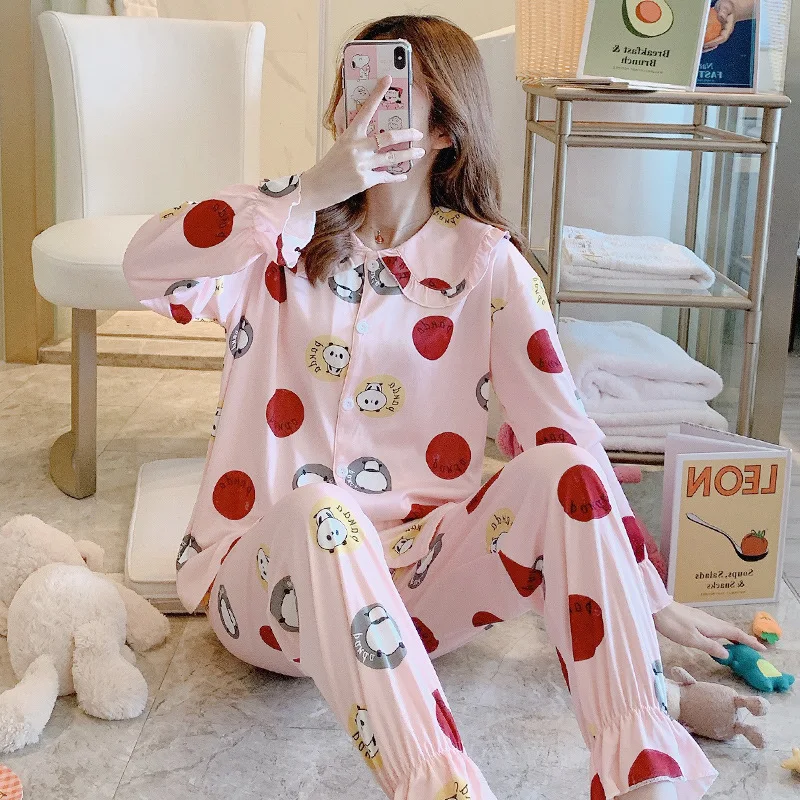 

Pajamas Women's Spring And Autumn New Style Long Sleeve Large Lapel Cardigan Sweet Cute Tracksuit Women's Leisure Suit Korean-st
