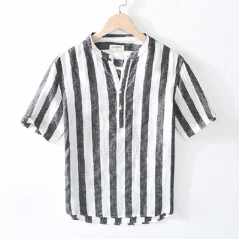 

Striped Pullover Short Sleeve Shirts Men's Pure Linen Stand Collar Casual Fashion Summer Breathable Tops Y2824