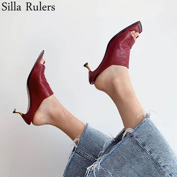 

New Fashionable Metal Cats Heels Outsize Slippers Woman Square Toe Peep Toe Genuine Leather Summers Shoes Woman Runway Slippers