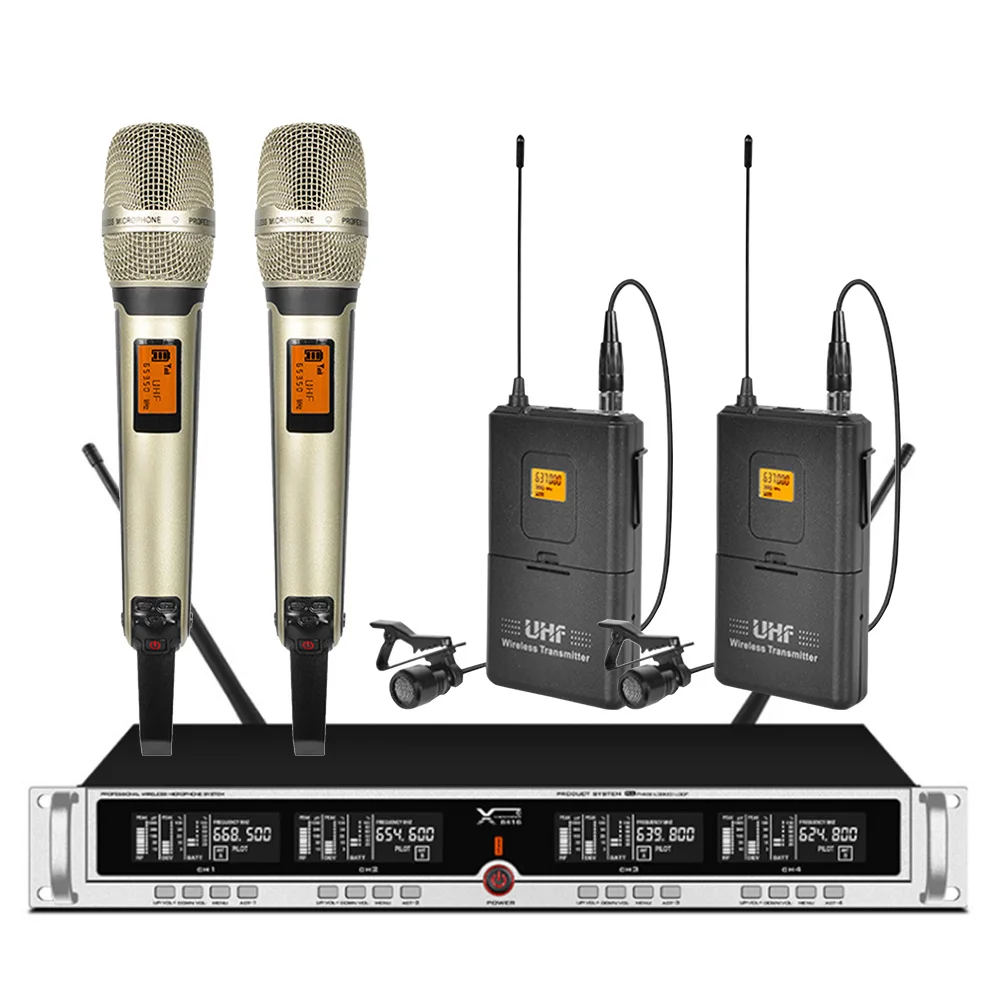 

Professional UHF wireless microphone 2 lavalier microphone 2 handheld microphone for school stage show microphone