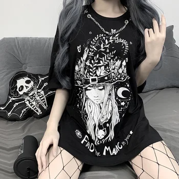 

Gothic Graphic Tees Women Dark Punk Print Short Sleeve Necklace O-neck Loose T-shirt Harajuku Grunge Casual Black Top Tees Femme