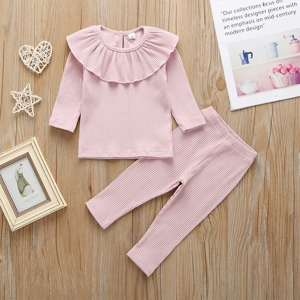 Toddler Baby Girl Clothes Knitted Ruffle Tops Long Sleeve Pure Color T-Shirt Leggings Pants Outfits 2Pcs Set Autumn Clothing | Детская