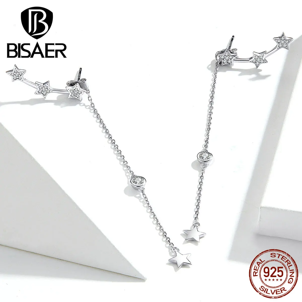 Серьги с кисточками BISAER, 925 пробы, серебро, светящаяся звезда, длинная цепочка, звезда, женские серьги-гвоздики, ювелирные изделия из стерлингового серебра ECE727