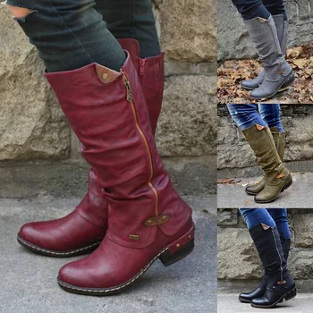 

2019 Women Western Cowboy Knee Boots Punk Boots Low Thick Heel Side Zippper Booties X85