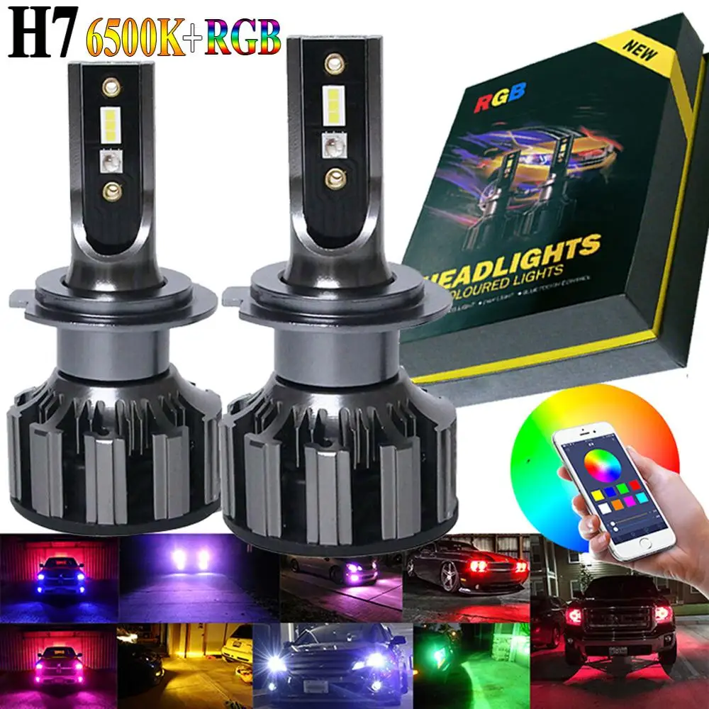 

H7 Car LED RGB Headlight Kit APP Bluetooth Control Fog Lights Bulbs Lamp Module