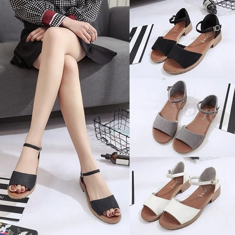Hot Women Sandals Fashion Female Sandals Buckle Strap Gladiator Solid Slip-on Fish Mouth Square Heel Shoes Woman Ladies Shoes