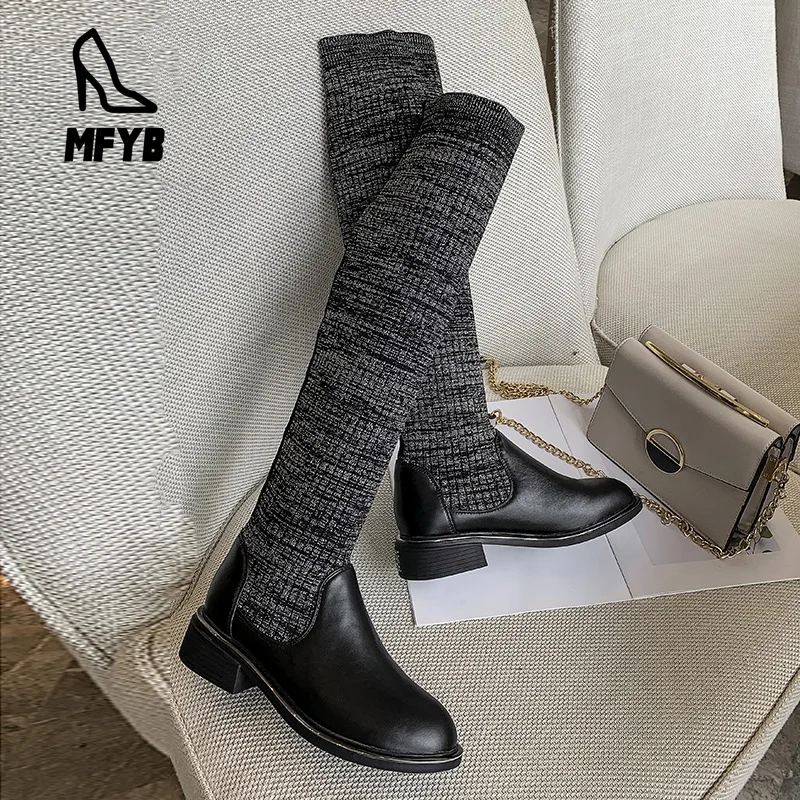

MFYB Women's boots 2019 winter new comfortable low-heeled shoes large size 34-43 wool tube casual high boots leather boots