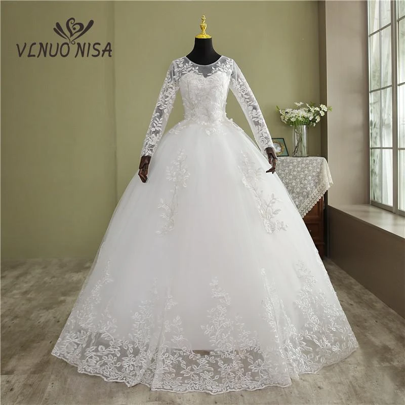 gown for wedding VLNUO NISA Real Video New Korean Plus Size Wedding dress Full Sleeve Long Lace Appliques Noiva Gown O-Neck Cheap wholesale China short wedding dresses