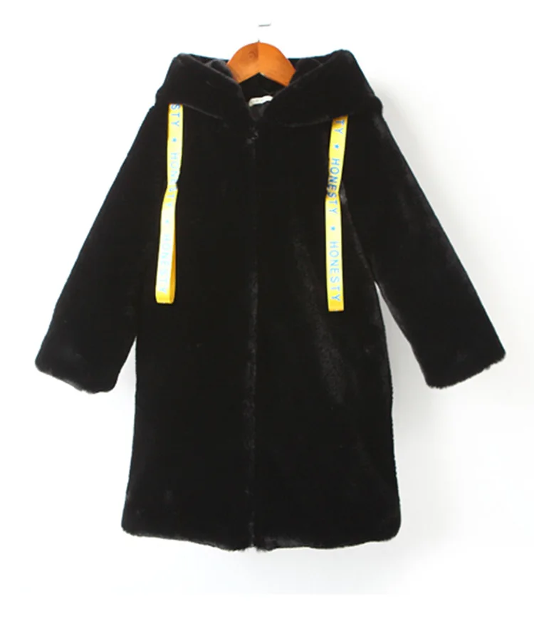 Scsech/детская зимняя куртка для девочек, длинное черное пальто с капюшоном из искусственного меха с лентами и буквами, детская утепленная пуховая куртка, WJ59