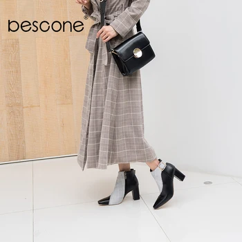

BESCONE Women Ankle Boots Winter Microfiber Buckle High Heel Shoes Basic Handmade Sexy Pointed Toe Square Heel Lady Boots BM61