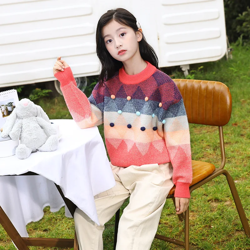 

2019 Autumn And Winter New Style Girls Childrenswear Versatile Warm Crew Neck Base Sweater Pullover Sweater