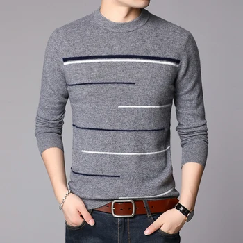 

Mens 100% Wool Knit Tops Sweater Pullover Basic O Neck for Autumn Winter Striped Fashion Casual BO26241230
