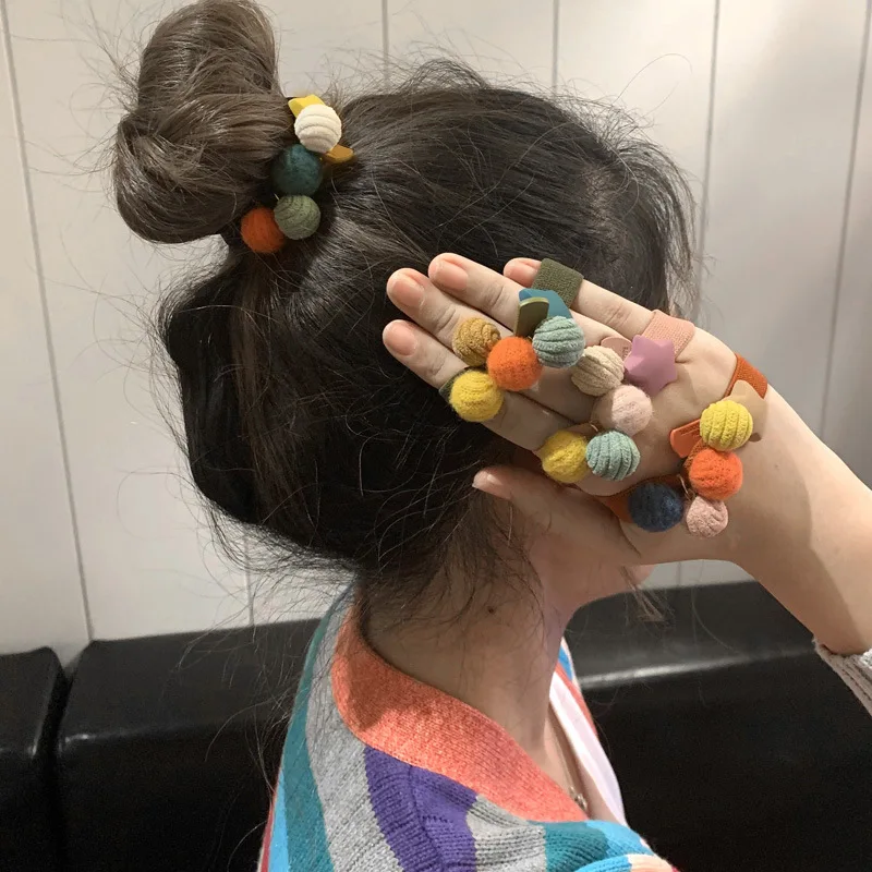 

Korean Elastic Hairbands Women's Hair Pentagram Color Ball Scrunchie Accessories 2020 Young Girls Double Bangs Hairstyle Hairpin