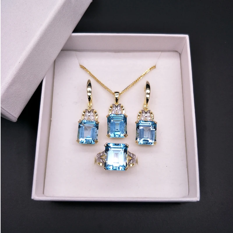 Natural good color BB sky blue topaz jewelry set Ring Necklaces