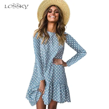 

Autumn Women Dress Polka Dot Print Ladies Casual Clothing Long Sleeve Sundress Mini Short Loose Yellow Dress 2019 Fashion