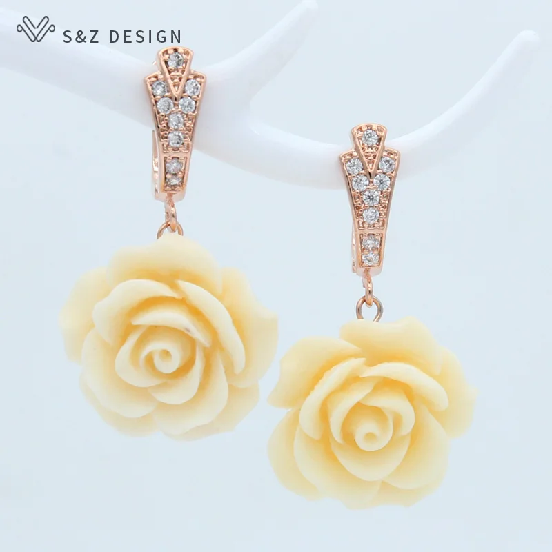 S&Z Unique Synthetic Shells Rose Flowers Dangle Earrings 585 Rose Gold Anti-allergy Eardrop For Women Girl Wedding Party Jewelry