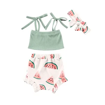 

0-24M Newborn Infant Baby Girls Clothes Sets Summer Sleeveless Ribbed Knit Sling Top Crop Tops+Watermelon Print Shorts Headbands