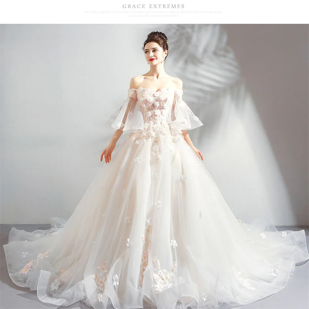 Perlen Kleid большой шлейф Фея Выпускные платья с вышивкой цветок колокольчик рукав