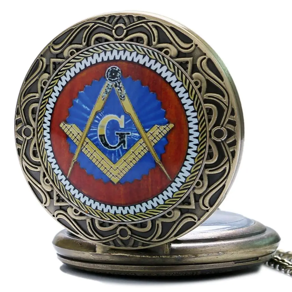 Pocket Watch Bronze Masonic Freemasonry Chrome Square and Compass Mason Retro Necklace Pendant Quartz Pocket Watch