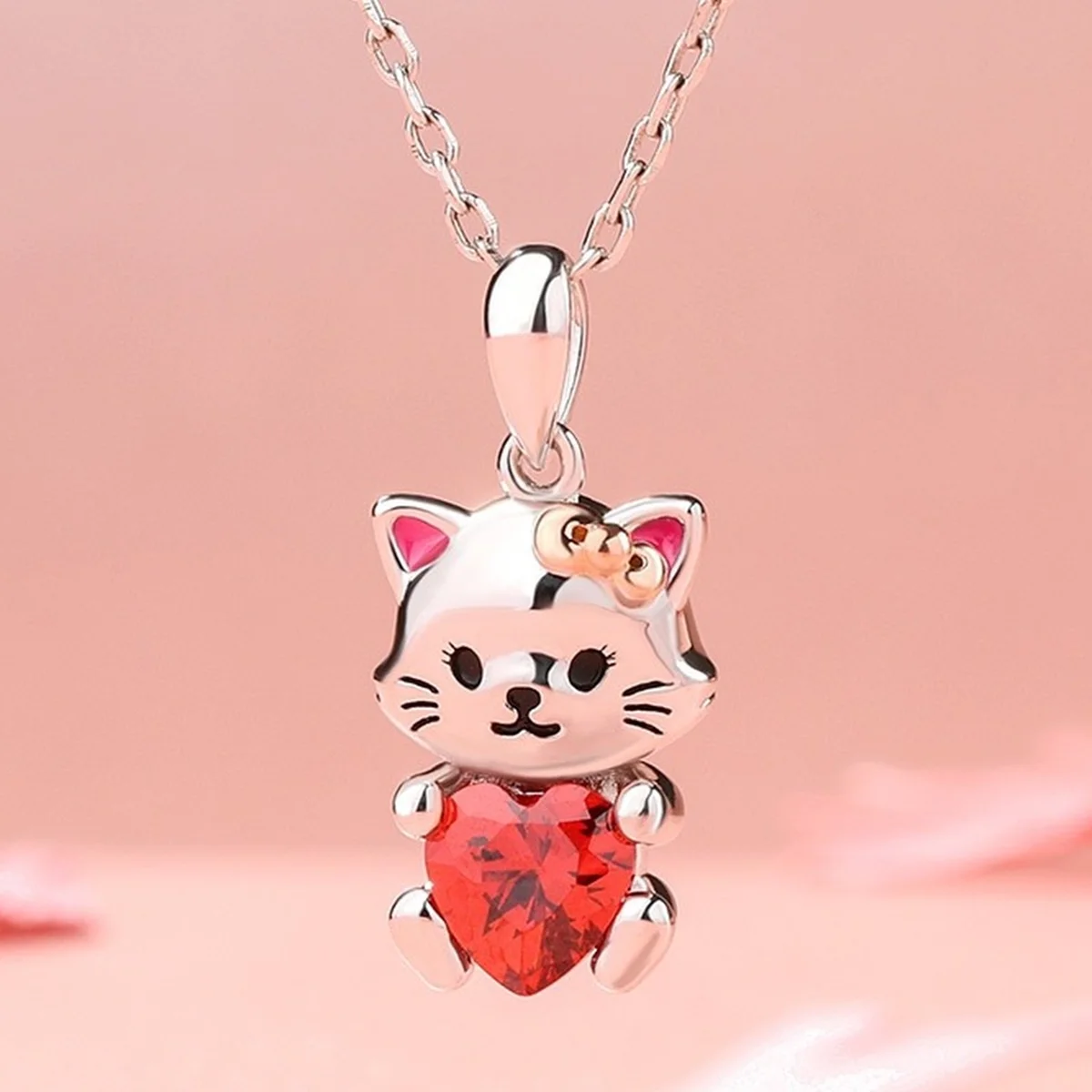 FashionKittenNecklaceforWomenRedHeartCrystalPendantExquisite