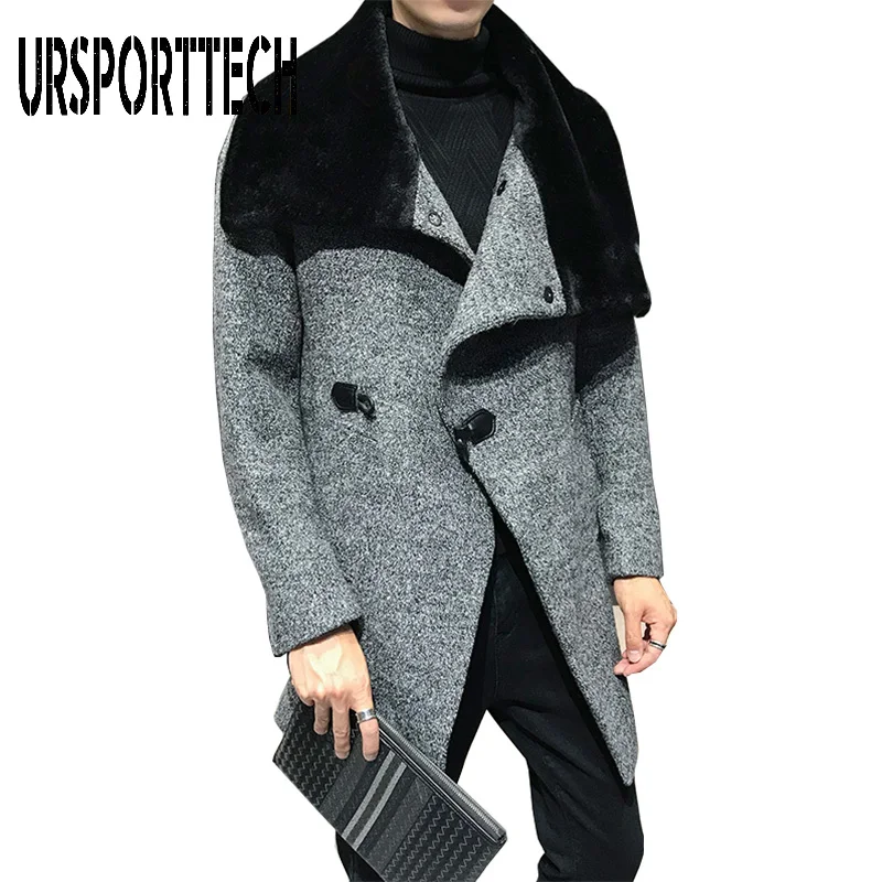 Men Solid Wool Blend Mid Long Jacket Winter Woolen Coat Men Fur Collar Warm Trench Coat Manteau Homme Overcoat Size M-3XL Men Solid Wool Blend Mid Long Jacket Winter Woolen Coat Men Fur Collar Warm Trench Coat Manteau Homme Overcoat Size M-3XL
