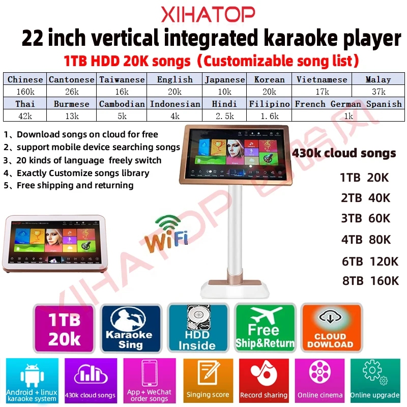 

XIAHTOP Karaoke Player Machine Android with 1TB HDD 20K Songs,Chinese,English Touch Screen Karaoke System,22'',Home KTV Sing