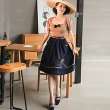 Le Palais винтажные оригинальные винтажные 1950s темно-синие плиссированные хлопковые юбки до колена с бантом и высокой талией Осень-зима женские юбки