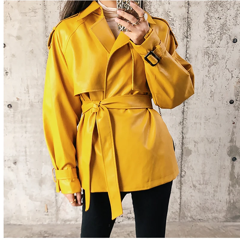 buy  2019 New Designer PU Leather Jacket Women Faux PU Leather Belt Coat Casual Female Streetwear Outwea