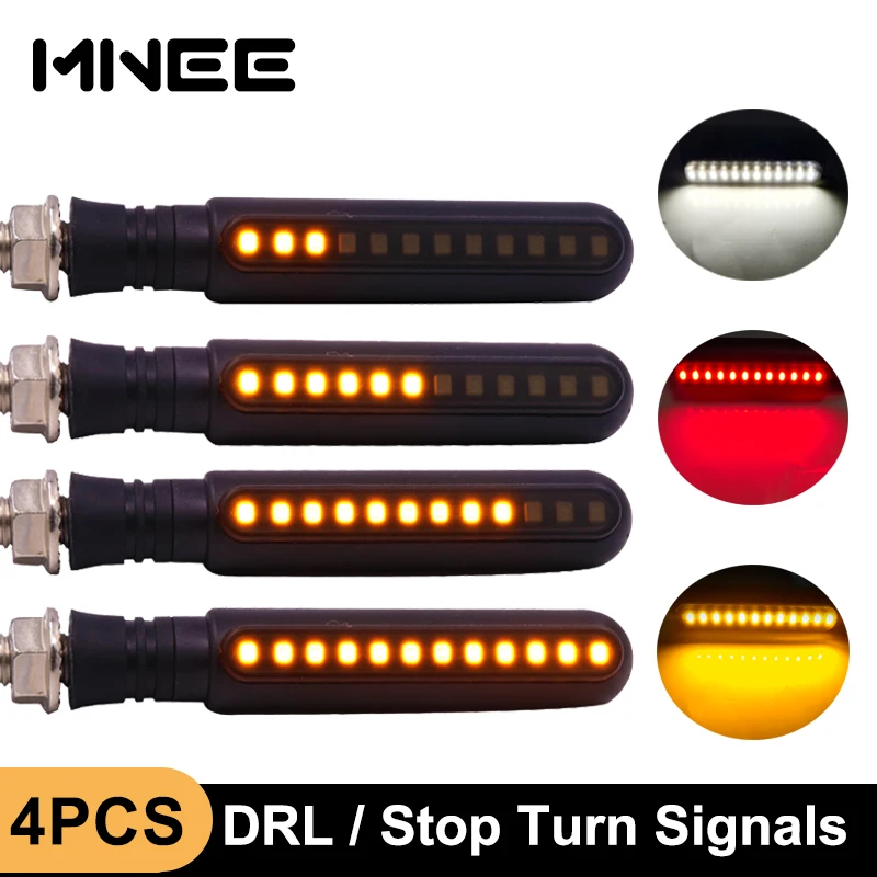 

4PCS LED Turn Signals Motorcycle Red Stop Signal Light Flowing Water Flashing Lights Tail Flasher/Running Blinker DRL Day Light