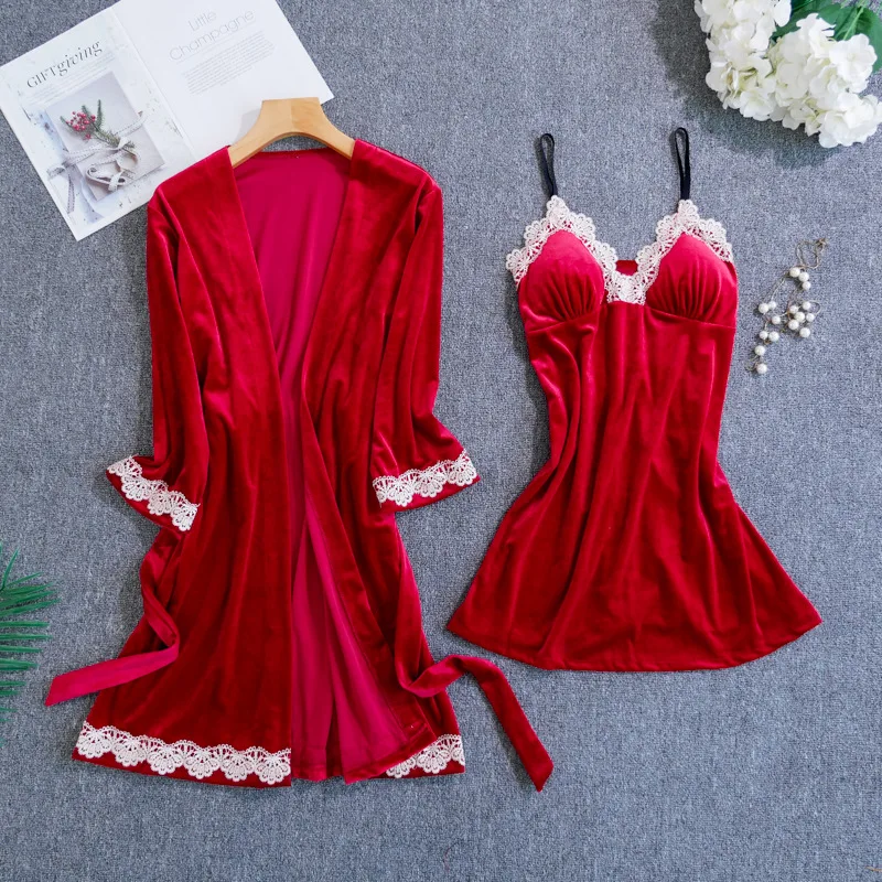 Queenral, женский халат, платье, наборы, сексуальное, кружевное, для сна, Lounge, пижама, длинный рукав, ночная рубашка, халат, ночное платье с нагрудными накладками, одежда для сна - Color: wine red