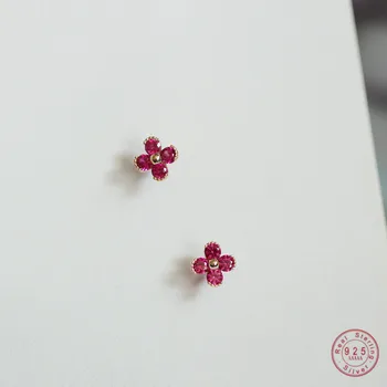 925 Sterling Silver Plated 14K Gold Red Zircon Lovely Small Flower Stud Earrings Women Wedding Jewelry Gift