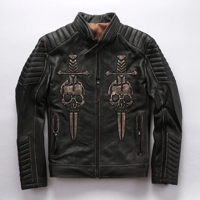 

2019 Vintage Black Men American Skulls Motorcycle Leather Jacket Plus Size XXXXL Genuine Thick Cowhide Spring Biker's Coa