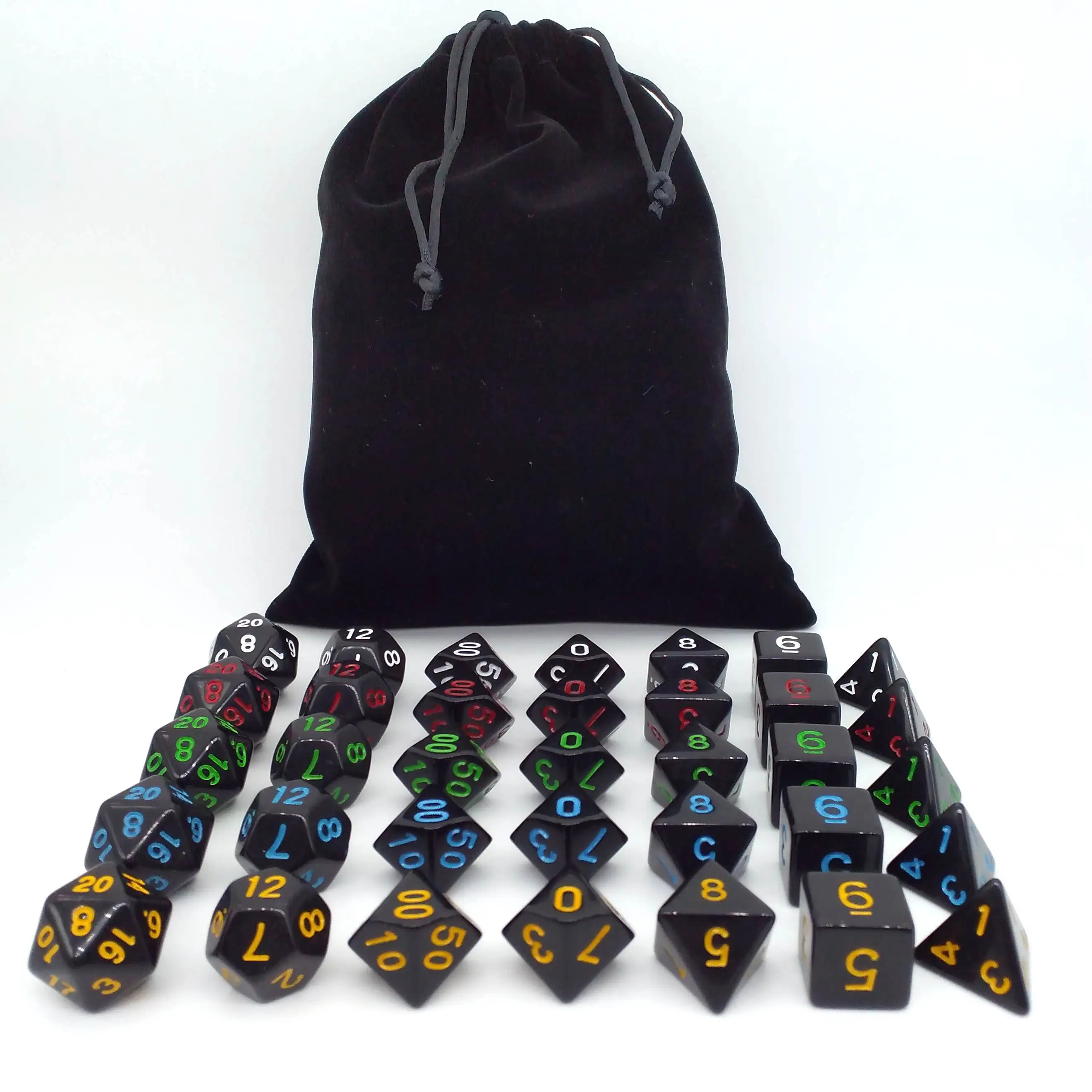 Титаны 35 шт. DND Dado RPG игра в кости черный с 5 цветными буквами многогранные кубики наборы с бархатной сумкой