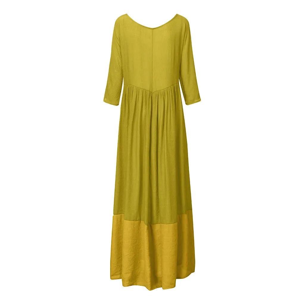 Yellow Женское Макси-платье с круглым вырезом, прострочкой, однотонные вечерние платья с длинными рукавами, длинные платья повседневные платья, женские вечерние ночные платья, femme - Цвет: Yellow