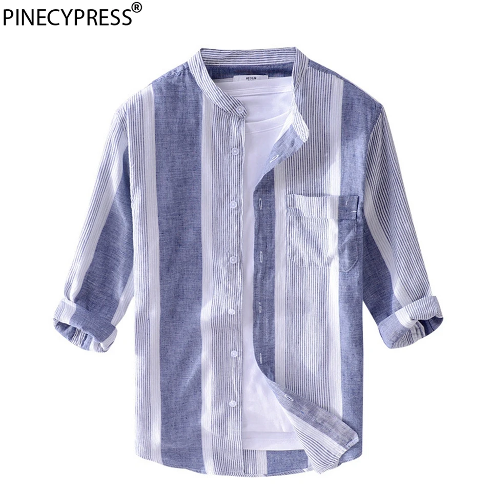 

100% Linen Cool Dry Fast Breathable Anti-static Anti-microbial Three Quarter Sleeve Man Shirts Stripe Blue Summer Flax Men Shirt
